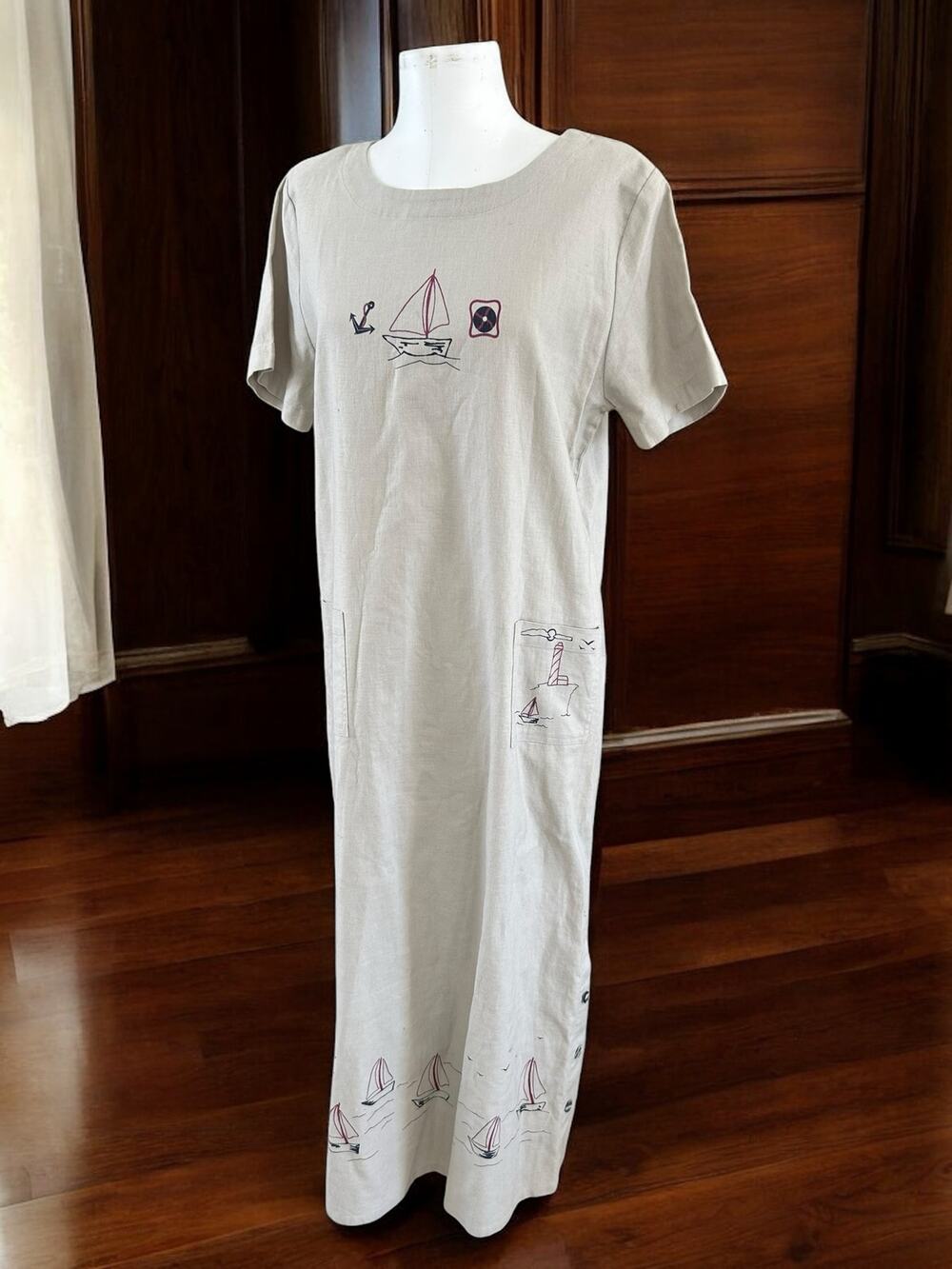 Vintage 90s Christopher & Banks Maxi Dress Sailboat Nautical Tan 12 Whimsical